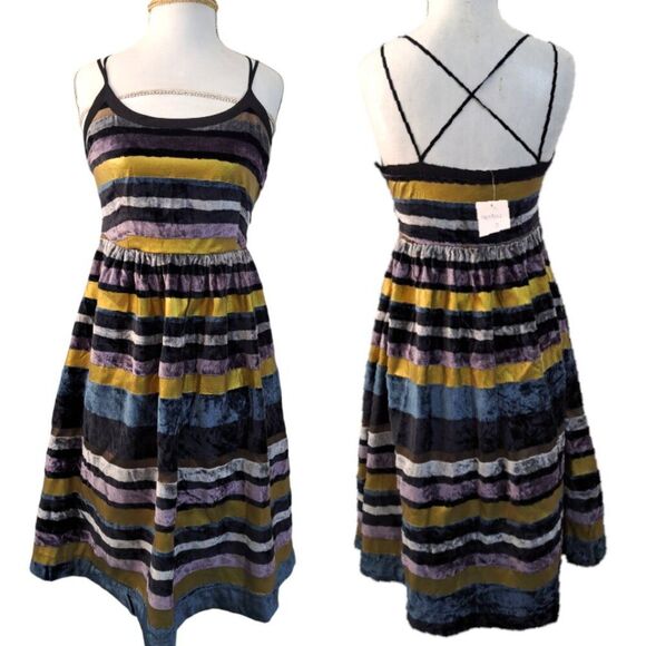 Anthropologie Wolven Ada Stripe Velvet Party Cocktail Fit Flare Dress Size 0 - Picture 7 of 10